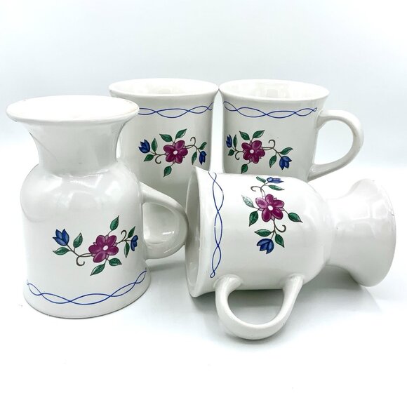 Vtg Pedestal Flower Coffee Mug Tea Cup B.I. INC Set Of 4 Tall 5” Diameter 3.25” - Picture 1 of 8